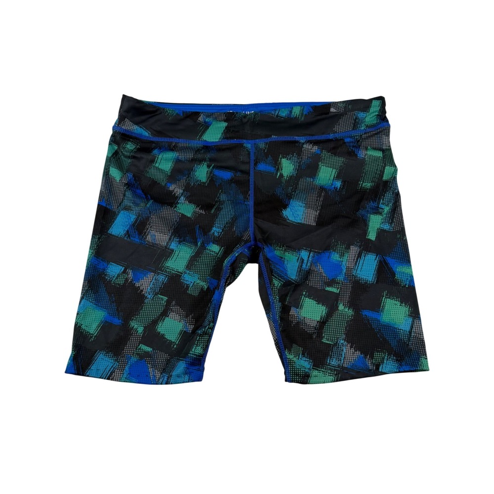 Sportline WoMens Size 32w Blue Green Abstract Geometric Compression Biker Shorts